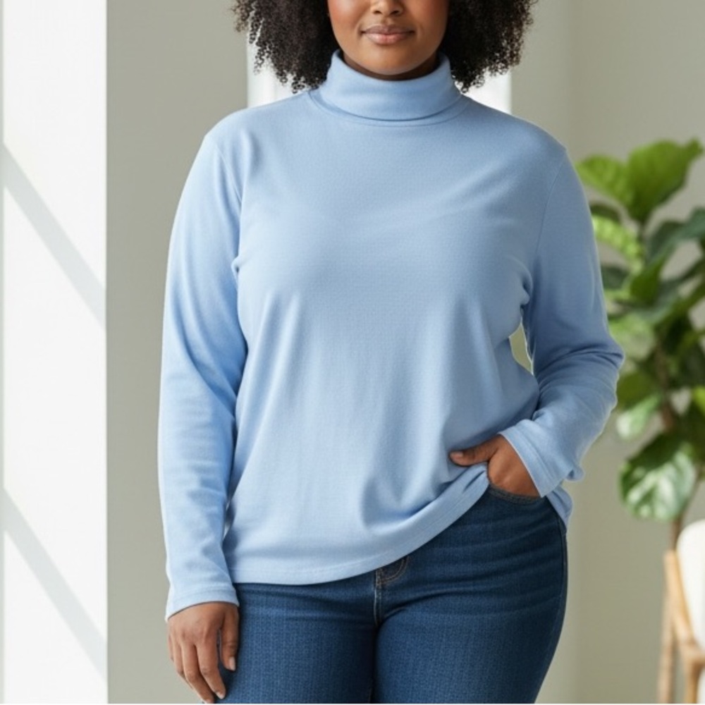 Basic Editions Women's plus size 2X  Cotton Light Blue Turtleneck top